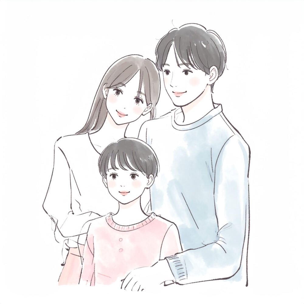 ショートケアの女の子と、その子の両親の3人