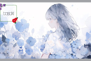 青い花の中を佇む女性