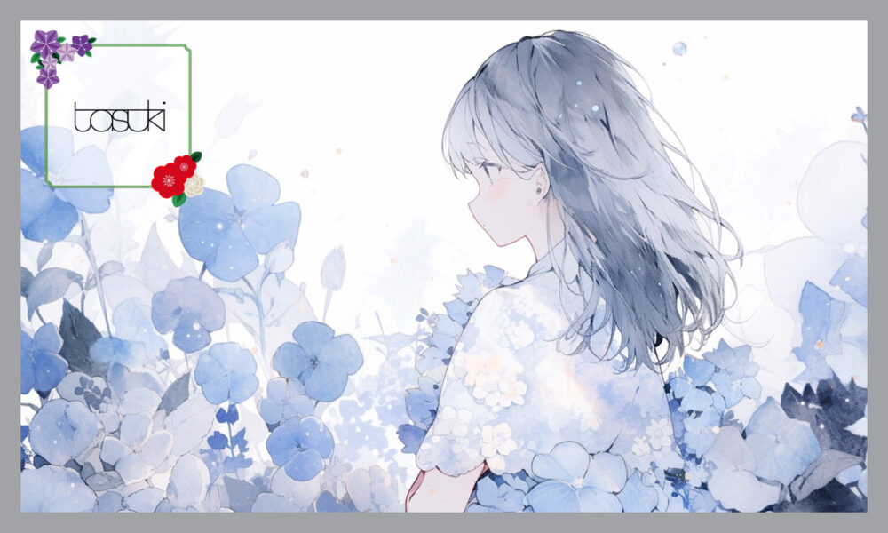 青い花の中を佇む女性