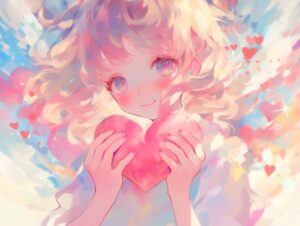 カラフルなハートを持つ女性