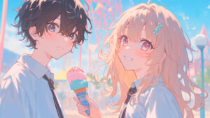 黒髪の男の子とアイスを持つ女の子