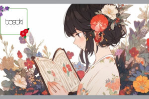 大正時代、本を読んで微笑む女性