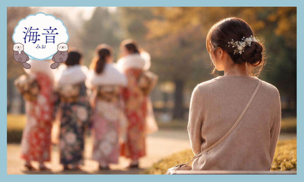 成人式の日、振袖姿の友人たちを遠くに見つめる女性の後ろ姿