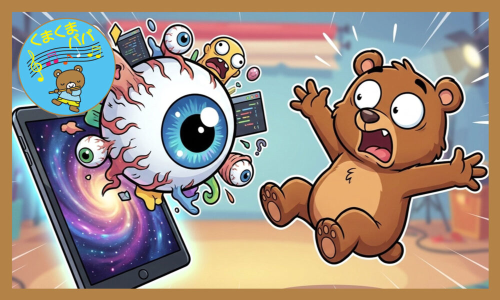 モニター画面から「色々なものが飛び出している大きな目玉」が現れて、ビックリしているくま