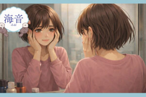 やわらかな朝の光の中、鏡に映る自分をそっと見つめる、穏やかで優しい表情の女性。