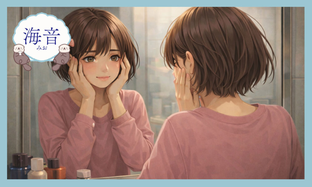 やわらかな朝の光の中、鏡に映る自分をそっと見つめる、穏やかで優しい表情の女性。