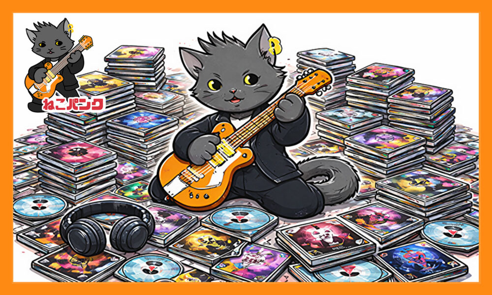 沢山のCDの上に座ってギターを弾いてるねこパンクの画像