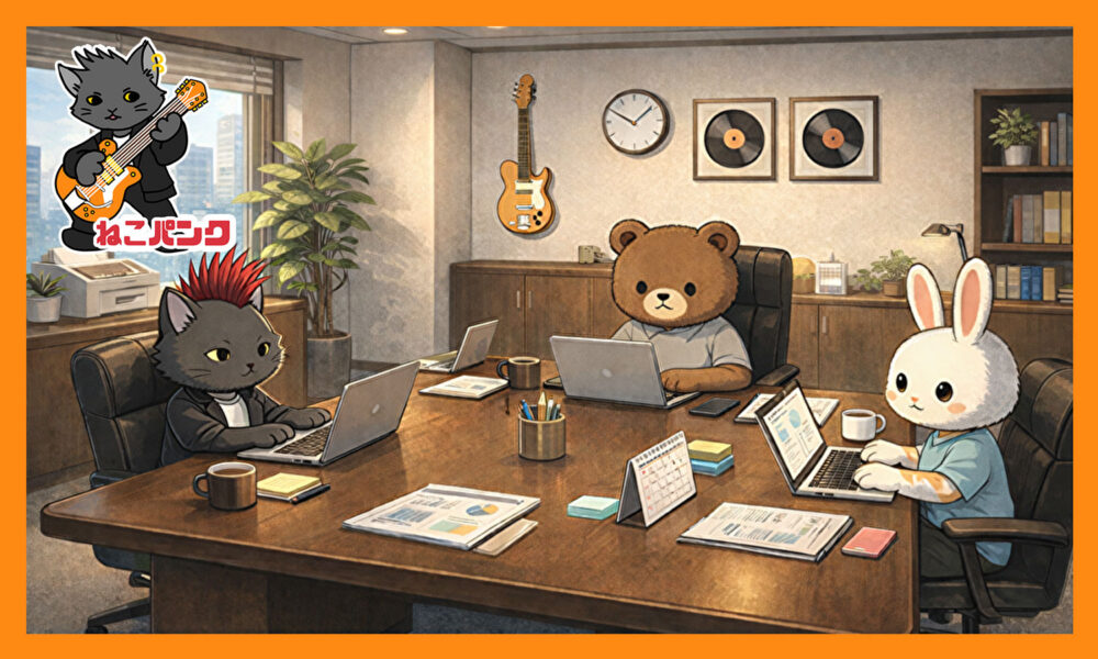 オフィスで仕事をしているねこパンク画像