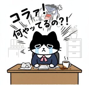怒られて萎縮して、泣いている猫のイラスト