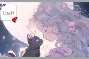 花びらが舞う満月に、黒猫と祈る髪の長い女性