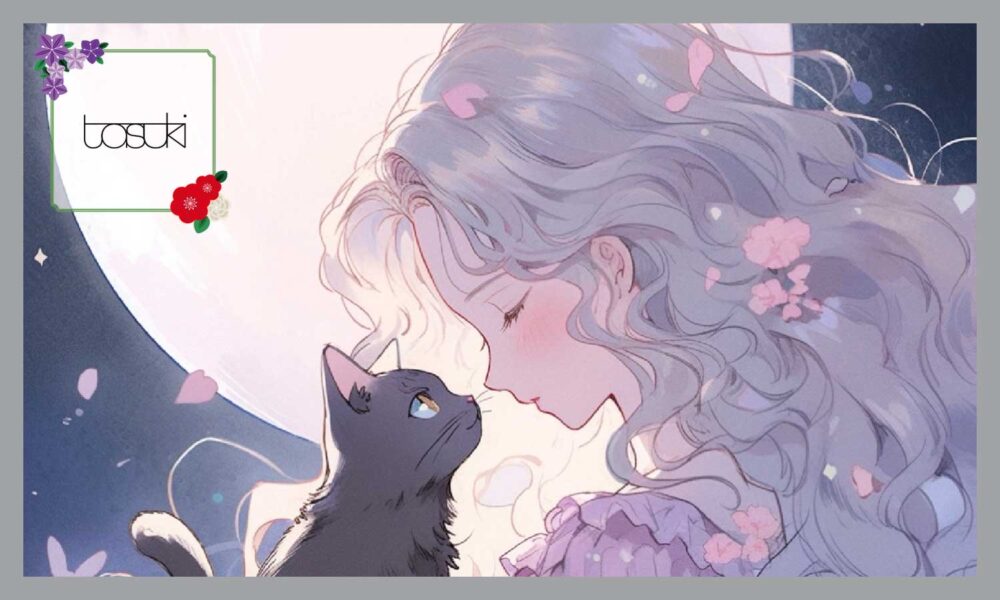 花びらが舞う満月に、黒猫と祈る髪の長い女性