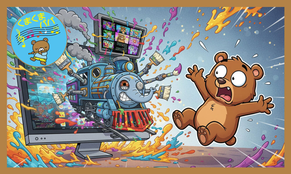 画面から暴走機関車ゾウさんが飛び出してきてビックリしてたまげているくまさん