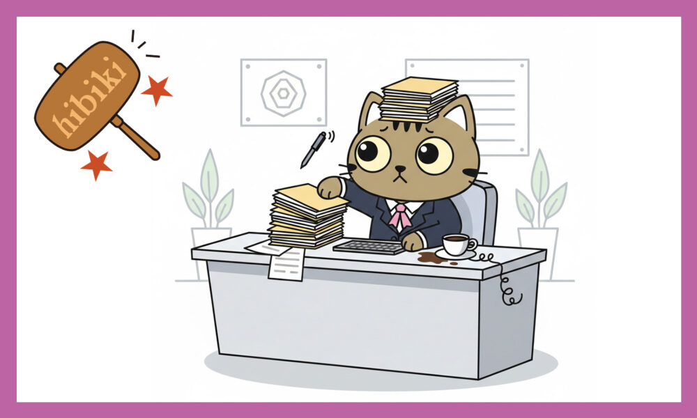 キジトラのスーツを着た猫が書類を片付けている。頭にも書類を乗っけている。