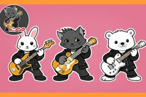 ねこパンクと2匹の仲間達がギターを演奏している画像