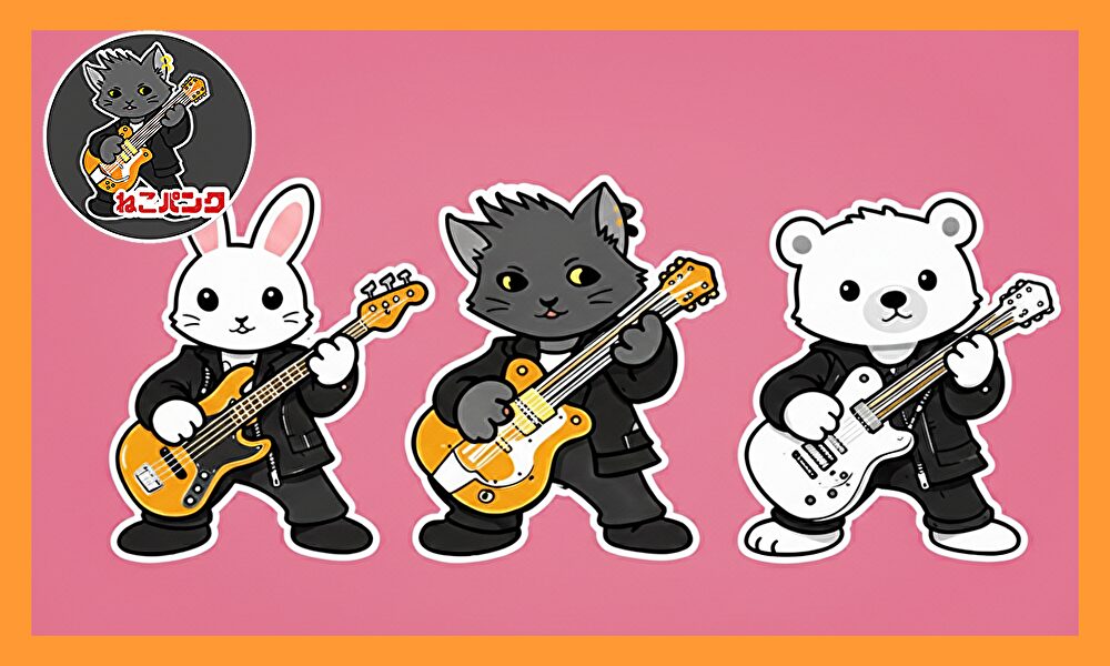 ねこパンクと2匹の仲間達がギターを演奏している画像