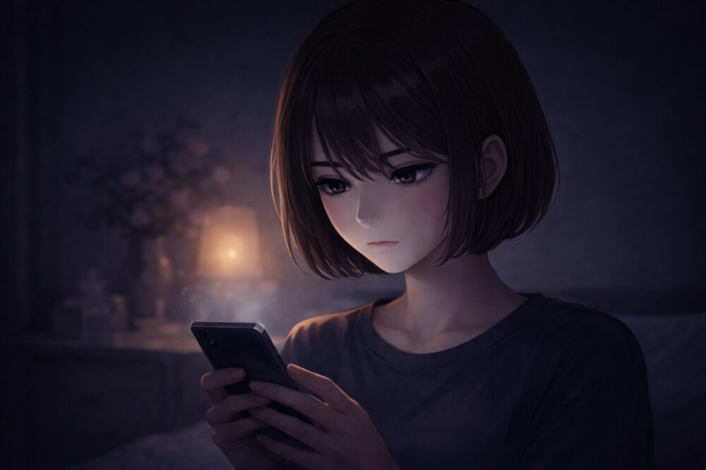 暗い室内でスマートフォンを見る若い女性のイラスト