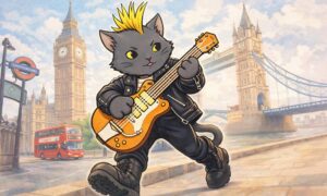 ギターを弾きながら街を歩いているねこパンク画像