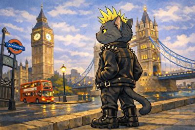 道端で遠くを見ているねこパンク画像