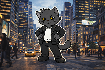 街中で胸を張って立っているねこパンク画像