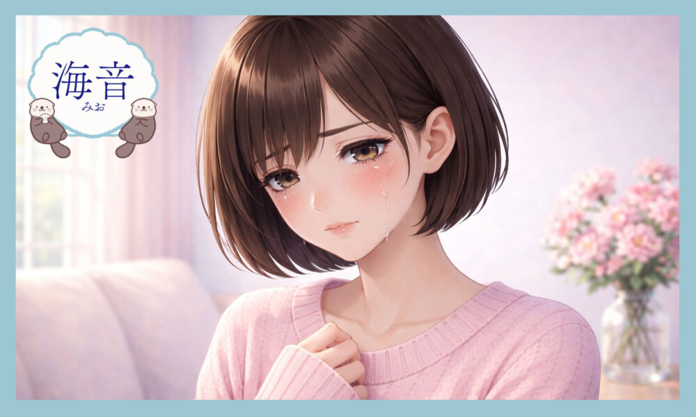 胸元に手を当て涙をこぼす女性の繊細なイラスト