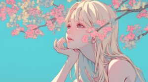 桜の木の前で佇む金髪の女性