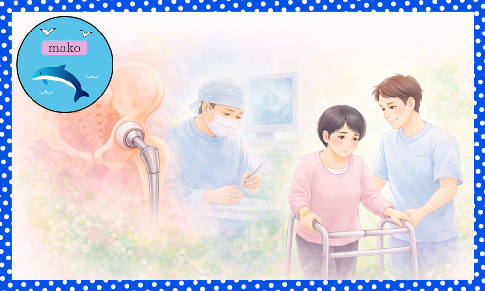 人工股関節置換術のイラストと理学療法士に支えてもらいながら歩行器で歩く女性のイラスト