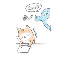 「これも良さ」絵を書きながら微笑む猫の背後で「グッド」と、微笑み見守る支援員さん