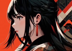 赤の背景に佇む凛とした着物の女性