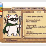 RPGゲーム風のキャラクター設定画面にサングラスをかけたシロクマ。スキルページに文字が書いてある。