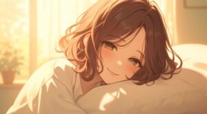 クッションに顔を乗せて、微笑むボブヘアの女性