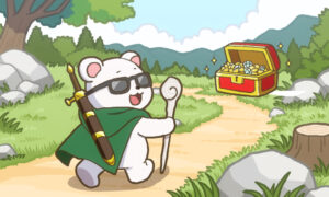 サングラスをかけたシロクマが杖を持って歩く。先には宝箱がある。