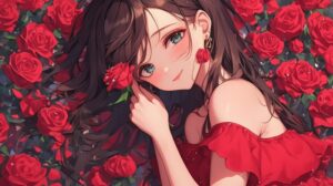 赤いバラの花の中で眠る紅ドレスの女性
