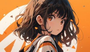 オレンジ色の背景にこちらを見る女性
