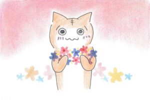温かいピンクと花の背景で、胸に花を持ち、うれしそうな猫