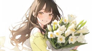 白いゆりの花束を持つ笑顔の女性