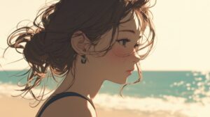 海で物思いにふける女性