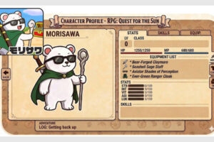 RPG風のキャラクター設定画面とサングラスをかけたシロクマ