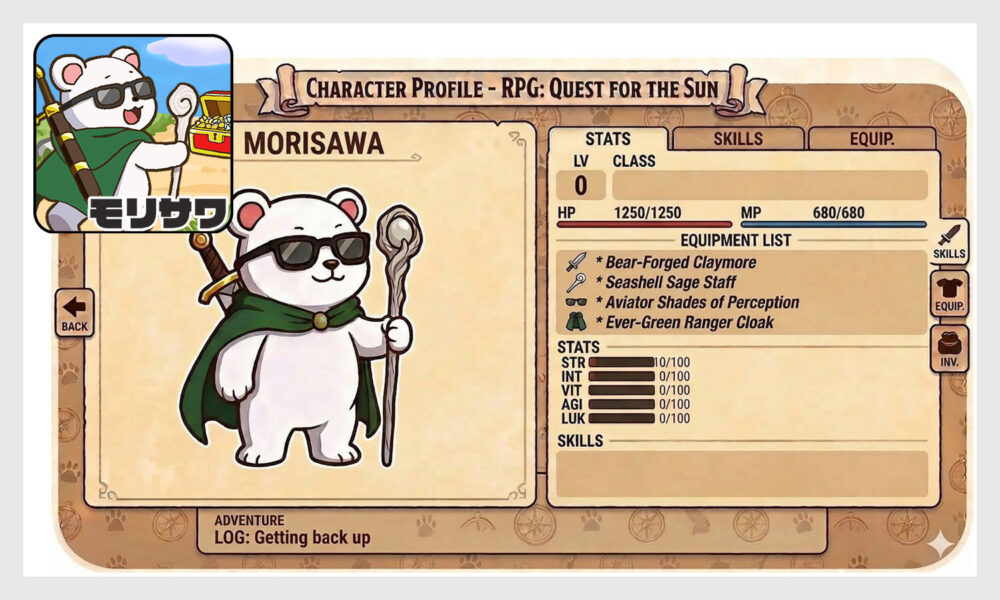 RPG風のキャラクター設定画面とサングラスをかけたシロクマ