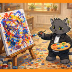 ねこパンクがアトリエで絵画を描いている画像