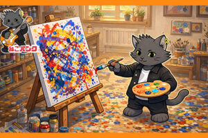 ねこパンクがアトリエで絵画を描いている画像
