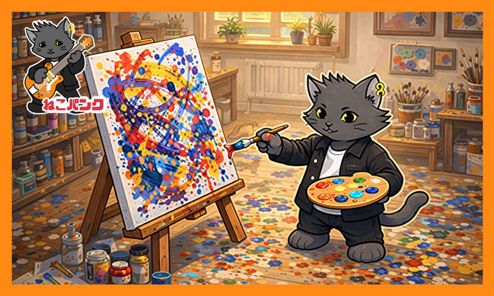 ねこパンクがアトリエで絵画を描いている画像