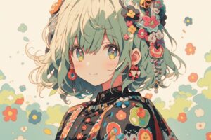 沢山の髪飾りをつけた緑髪の女性