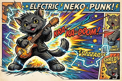 ねこパンクがギター弾きながらバリバリさせている画像