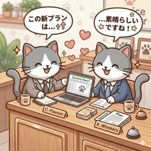 二匹のスーツを着た猫たちがパソコンを開いて会議している。