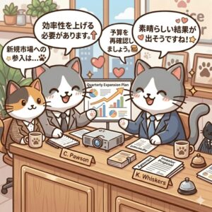 猫が3匹スーツを着て会議をしている