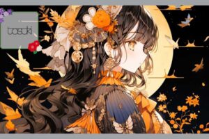 満月とそれに照らされるオレンジの服を着た、華やかな女性