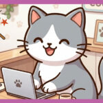 カウンターでパソコンを打つ猫。わらっている。