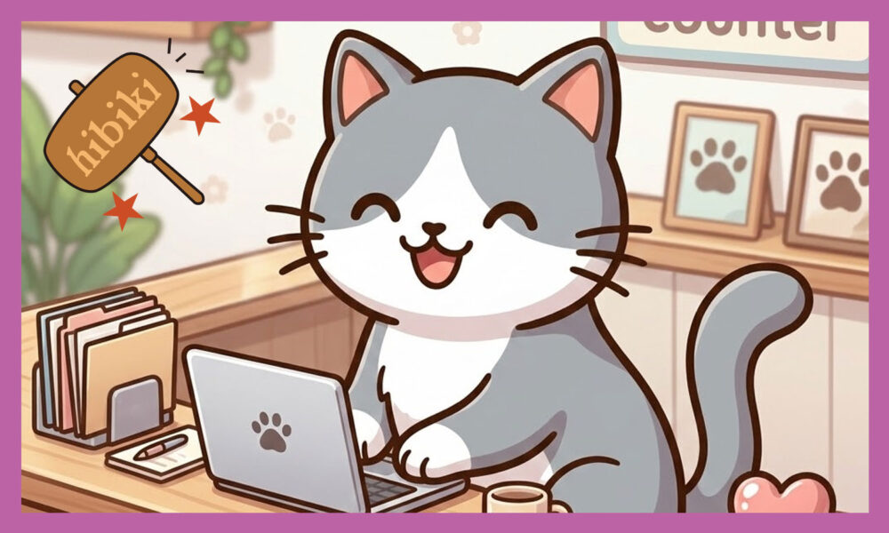 カウンターでパソコンを打つ猫。わらっている。