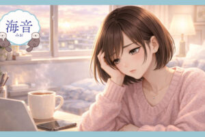 薄ピンクのニットを着た女性が、明るい部屋で頭を抱えながらパソコンに向かうイラスト