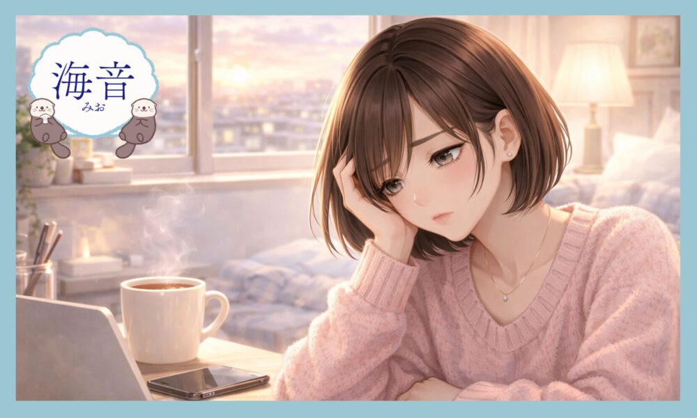 薄ピンクのニットを着た女性が、明るい部屋で頭を抱えながらパソコンに向かうイラスト